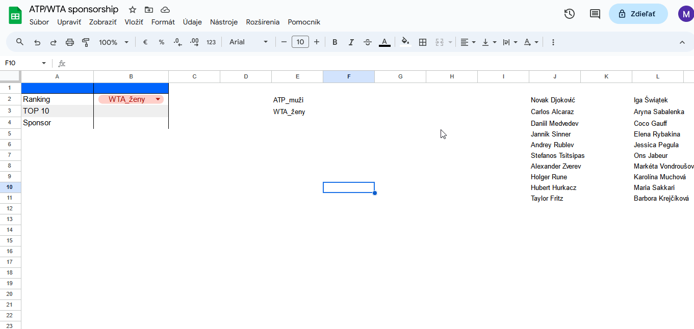 Rozbaľovacia ponuka indirect v Google Sheets