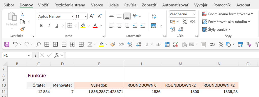 funkcia ROUNDDOWN